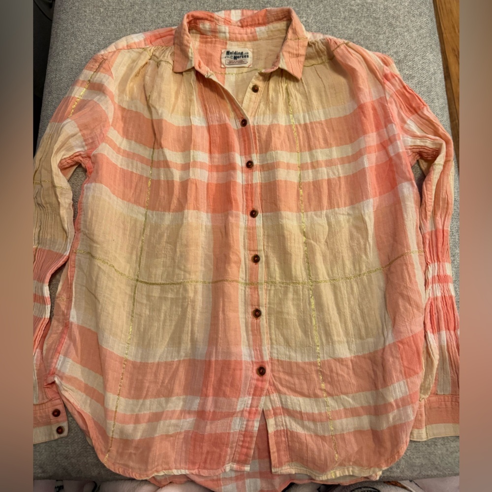 Vintage Anthropologie Holding Horses Peach Plaid Shirt, size 0